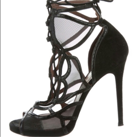 Tabitha Simmons Black Mesh Lace-Up Heels - Picture 2 of 9